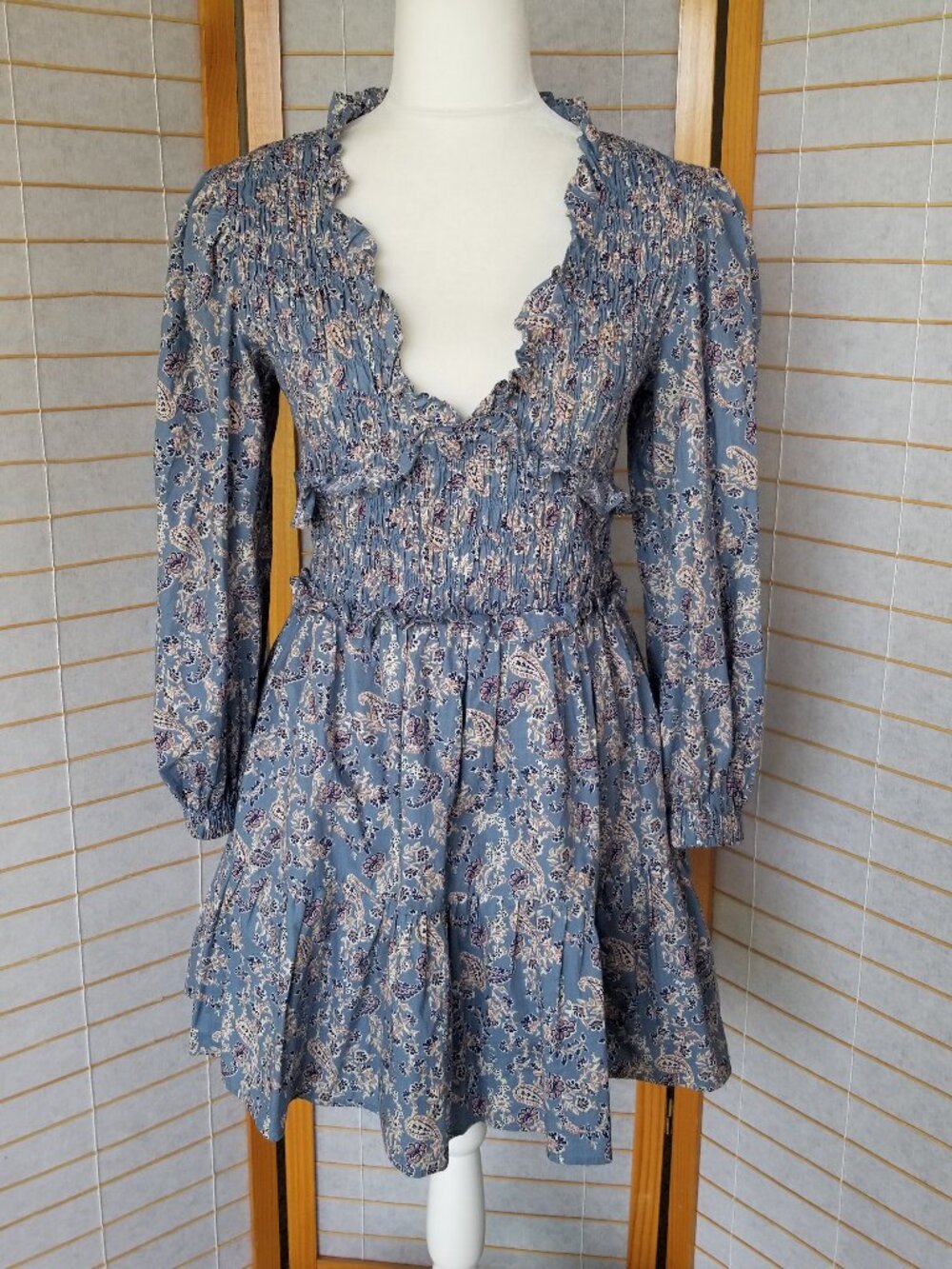 Moodie Catherine Smock Detailing Floral Mini Dress in Blue Long Sleeve Cottage